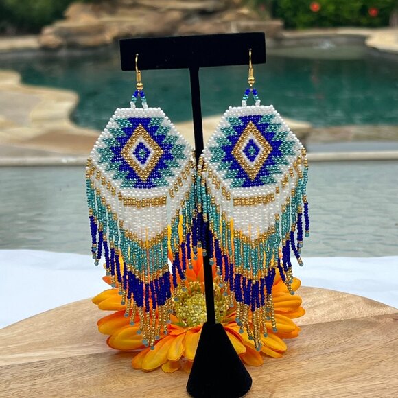 Handmade Beaded Native American Style Long & Large Fringe Dangle Drop Earrings - Picture 7 of 9